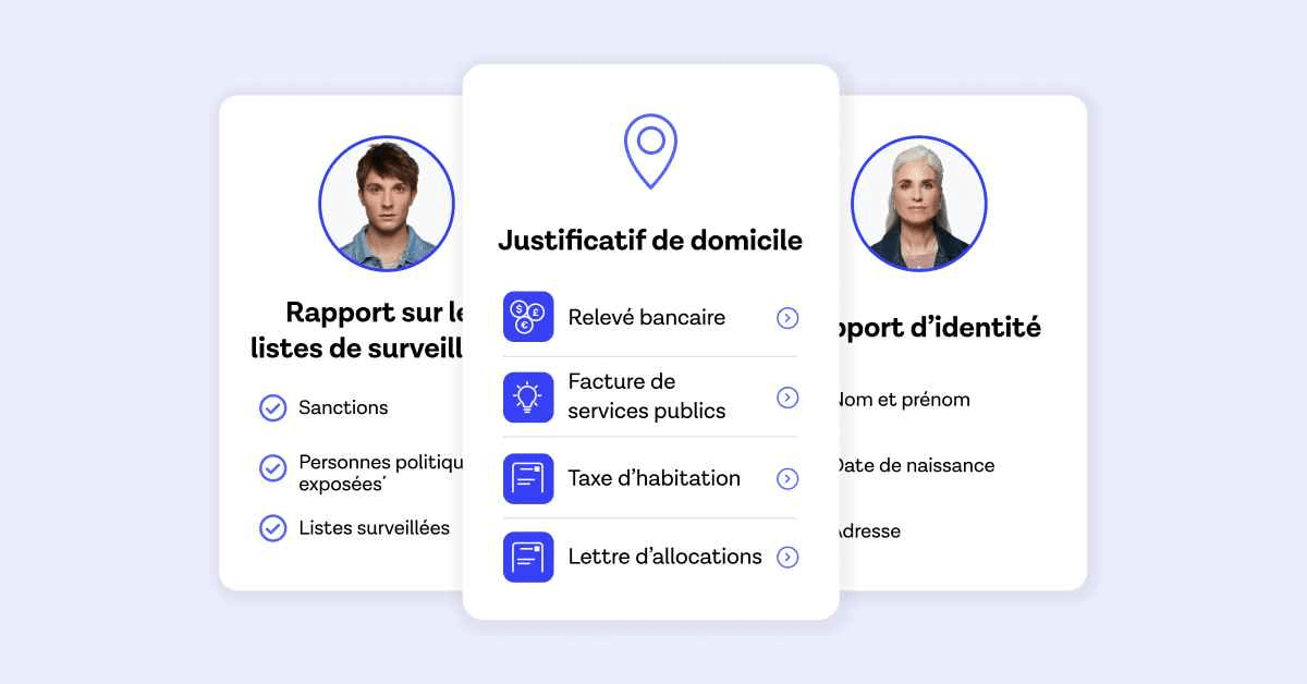 Trois cartes montrant un justificatif de domicile, un rapport de sanctions et des rapports d'identité.