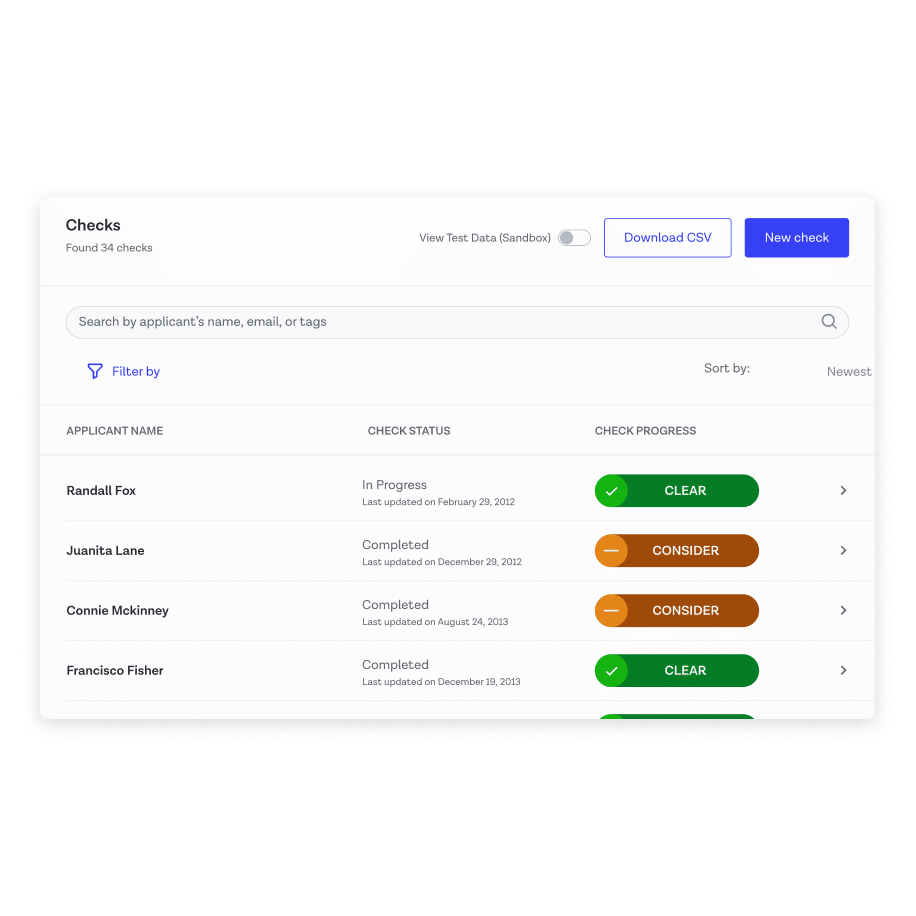 La dashboard di Onfido che mostra i risultati per più richiedenti.