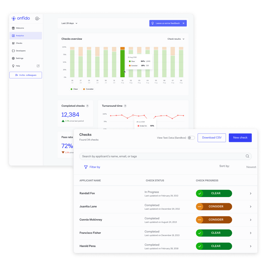 El panel de control de Onfido mostrando los resultados y las analíticas.